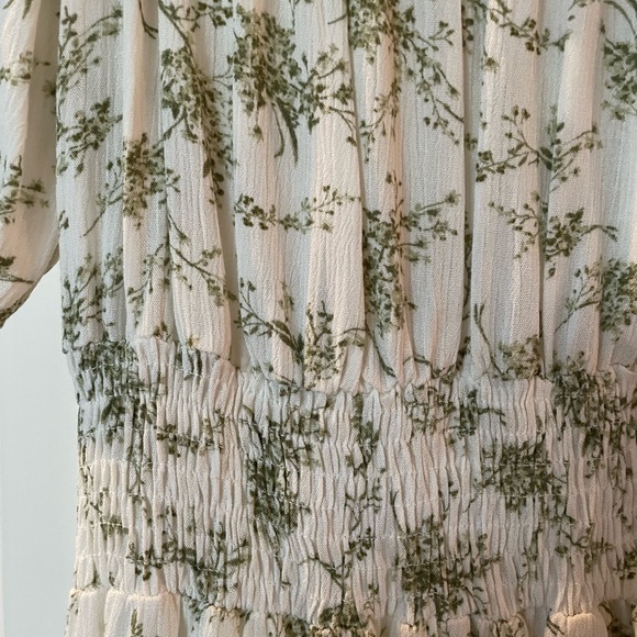 XS Paper Crane: Short Sleeve Floral Cottage Midi Sun Dress- Beige/Green Cottage - Picture 6 of 10